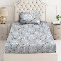 Aura Grey & Brown Floral 350 TC Single Bedsheet with 1 Pillow Covers image 5