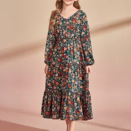 YK Girls Floral Printed V-Neck Long Sleeves Tiered Fit & Flare Dress-picture-19