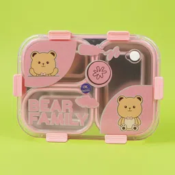 vrjk Kawaii Bear Family 3 Compartment Stainless Steel Lunch Box With Spoon & Fork A82 3 Containers Lunch Box-picture-34