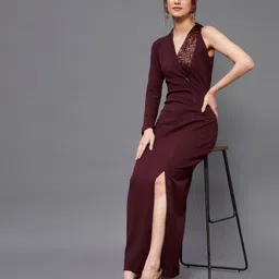miss chase Women Asymmetric Maroon Maxi/Full Length Dress-picture-12