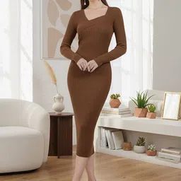 CLAFOUTIS Women Brown Ribbed Bodycon Midi Dress image 1