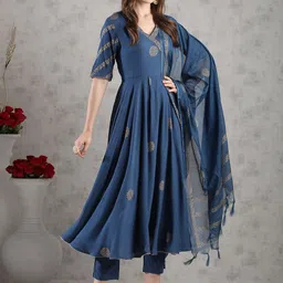 KALINI Floral Printed V-Neck Anarkali Kurta With Trousers &Dupatta image 2