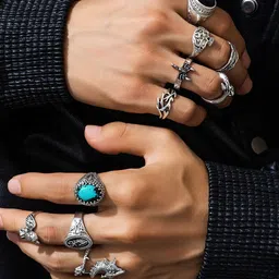 StyleCast x Revolte Men Set Of 11 Silver-Plated Stone-Studded Finger Ring image 4