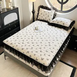 JC HOME Beige & Black Floral 150 TC Fitted Double Queen Bedsheet Set-1.50 m x 2 m image 5