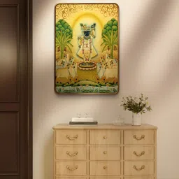 SAF Green & Yellow Shrinath ji Pichwai Sparkle Lamination Finished Wood Wall Painting-image-67