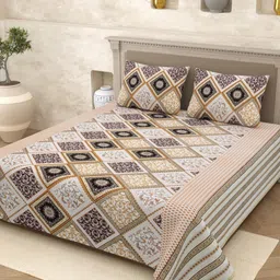 Homez Sparrow Multicoloured & Brown Ethnic Motifs 210 TC Queen Bedsheet with 2 Pillow Covers image 1