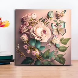 OLIVE TREE Peach-Coloured & Green Floral Wooden Framed Canvas Painting Wall Art-picture-44