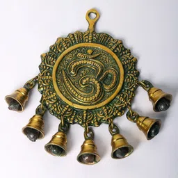 Exotic India Green & Yellow OM Brass Wall Decor With Bells-image-44