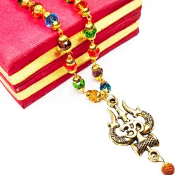 letnix Natural Navratna Mala In Metal Chain Ohm trishul damru locket Navratna Stones Mala Necklace Stone Chain Gold-plated Plated Brass, Crystal Chain-picture-25