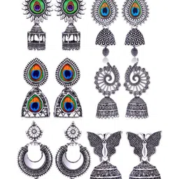 Sangria Set Of 6 Silver-Plated Stones-Studded & Beaded Oxidized Jhumka Earrings-image-54
