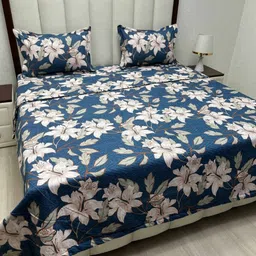 Pure Decor Blue & Beige Floral Polycotton 4 Piece Double King Superfine Bedding Set-image-64