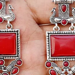 Anouk Silver Plated Stones Studded & Beaded Oxidised Peacock Shaped Drop Earrings image 2