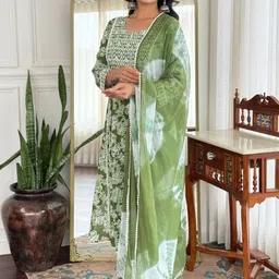 Vishishtah Women Ethnic Motifs Printed Thread Work Cotton Kurta with Trousers & Dupatta image 1