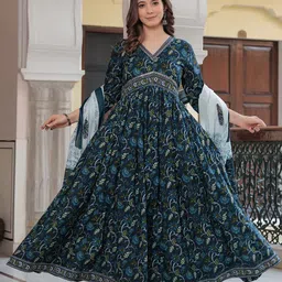 Mizaz Women Floral Printed Layered Mirror Work Pure Cotton Kurta with Trousers & With Dupatta image 2