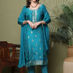 HARIKS Women Ethnic Motifs Embroidered Regular Kurta with Trousers & With Dupatta-image-12