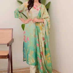 J.KANJI Women Floral Printed Regular Beads and Stones Kurta with Trousers & Dupatta image 5