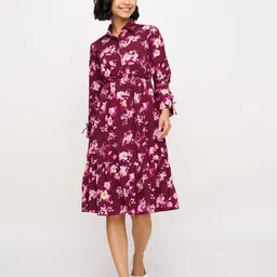 AASK Women's Wine Floral Printed Delta Crush Calf Length Shirt Dress-image-16