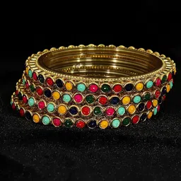 ZULKA Set of 4 Glass Golden Zircon Stones & Beads Work Bangles image 1