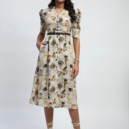 Global Republic Women Floral Print Puff Sleeve A-Line Midi Dress-image-13