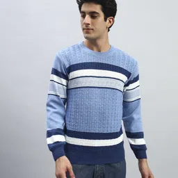 Men Striped Round Neck Blue Sweater-image-33