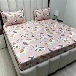 Pure Decor Kinder Pink Printed Pure Cotton 350TC Queen Bedsheet Set 2.28m x 2.54m-image-80