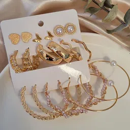 Vembley Set of 9 Gold Plated Pearls Studs And Hoop Earrings image 5