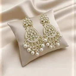 TESSARA Silver-Plated Artificial Stones Studded And Beaded Teardrop Shaped Drop Earrings image 5