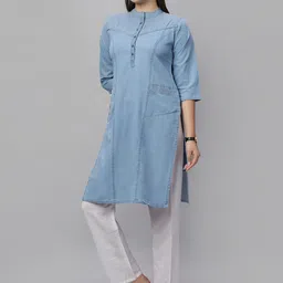 SK Creation ZK PATTERN ZL Women Band Collar Denim Straight Kurta image 2
