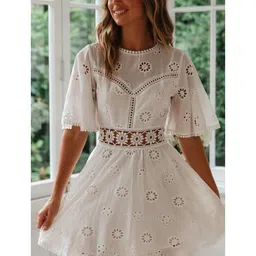 bebe Women Floral Printed Round Neck Fit and Flare Dress-picture-22