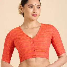 Studio Shringaar Pure Cotton Checked V Neck Saree Blouse-picture-22