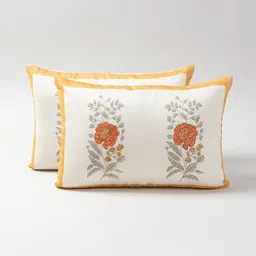 Eyaas Orange & Cream-Coloured Set of 2 Floral Rectangle Cushion Covers-picture-16
