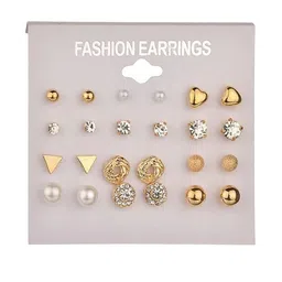PolluxCraft Set of 12 Gold-Plated Stones Studded And Beaded Circular Shaped Korean Studs image 3