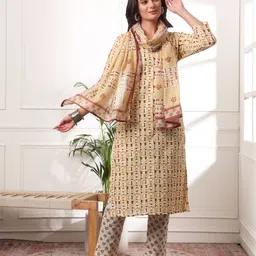 KALINI Women Floral Printed Regular Pure Cotton Kurti with Trousers & With Dupatta image 4