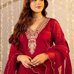 SHOPLANCE Women Ethnic Motifs Embroidered Regular Thread Work Kurta with Trousers & With Dupatta image 3