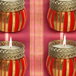 GADINFASHION Gold-Toned & Red 4 Pieces Textured Tealight Candle Holders-picture-47
