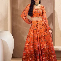 Shae by SASSAFRAS Floral Printed Round Neck Lehenga & Blouse-picture-33