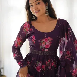 Femvy Women Floral Printed Fit And Flare Ethnic Dress With Dupatta And Belt-picture-26