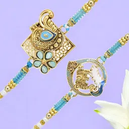 MEIRA JEWELLERY Set Of 2 Peacock Charm Rakhis With Greeting Card & Roli Chawal image 2
