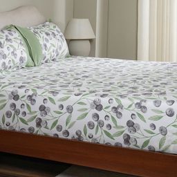 MASPAR White & Green Floral Printed Cotton 200 TC Fitted Bedsheet Set 1.83 x 1.98 m-picture-3