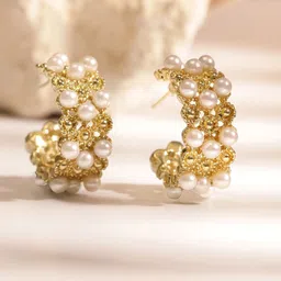Priyaasi Gold-Plated Pearl Beaded Contemporary Half Hoop Earrings-image-93