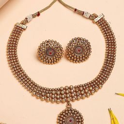 KARATCART Gold-Plated Kundan Stone Studded Round Balls Beaded Necklace and Earrings-picture-46