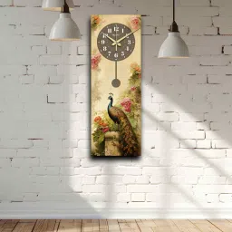 olive tree Multicolour Rectangle 24 Inches Wooden Wall Clock (Peacock) image 1
