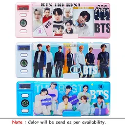 parteet Combo Set of 7 In1 BTS Pencil Box Integrated Sharpener and Compass, Password lock Dual Compartments with All Stationery set|Return Gifts for Boy & Girls Art Plastic Pencil Box image 5