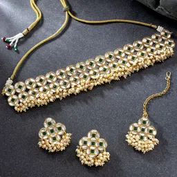 Peora Mint Green & White Gold-Plated Kundan Embellished Handcrafted Jewellery Set-image-82