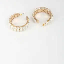 StyleCast Gold-Plated Circular Pearls Beaded Semi Circular Shaped Half Hoop Earrings image 2