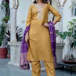 KALINI Ethnic Motifs Yoke Design Sequinned Straight Kurta with Palazzo & Dupatta-picture-34