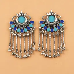 VAGHBHATT Silver-Plated Stones Studded & Beaded Oxidized Teardrop Shaped Drop Earrings-picture-50