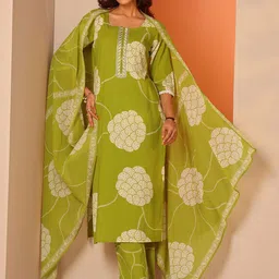 Libas Floral Printed Round Neck Straight Kurta With Trousers & With Dupatta image 2