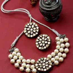 Anouk White Gold Plated Stone Studded & Beaded Jewellery Set-image-42