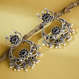 Fabindia Artificial Stones Studded And Beaded Oxidised Crescent Shaped Chandbalis Earrings-picture-48